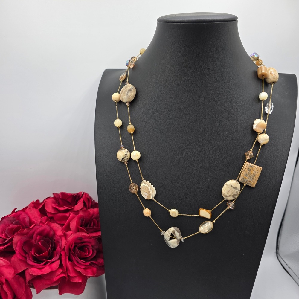 Dabby Reid Double Strand Stone Shell Glass Bead Gold Tone Necklace 24 Inch